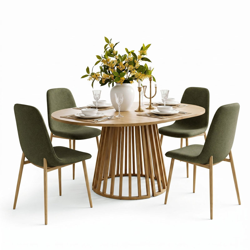 4- Person Dining Table Sets With Extendabe Oval Table & 4 Upholstered Dining Chairs, Green