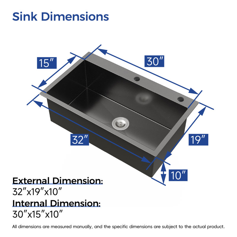 32"x19" Black Stainless Steel Drop-In Kitchen Sink – Single Bowl 16 Gauge Topmount Sink with US Drain & Hooks