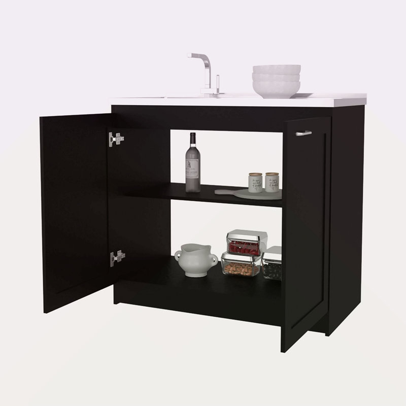 2-Door Utility Sink Base Cabinet Interior Shelf, Black