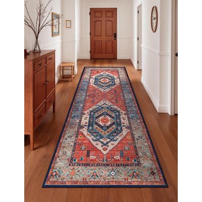 Boho Kitchen Runner Rug, 3X7 Washable Non-Slip Runner Rug For Hallways Kitchen Rug, Ultra Soft Vintage Rust Print Distressed Tribal Floor Carpet Runner