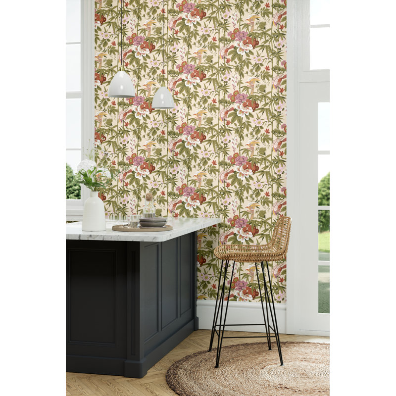 Bamboo & Birds Wallpaper, Mandarin Red/Olive