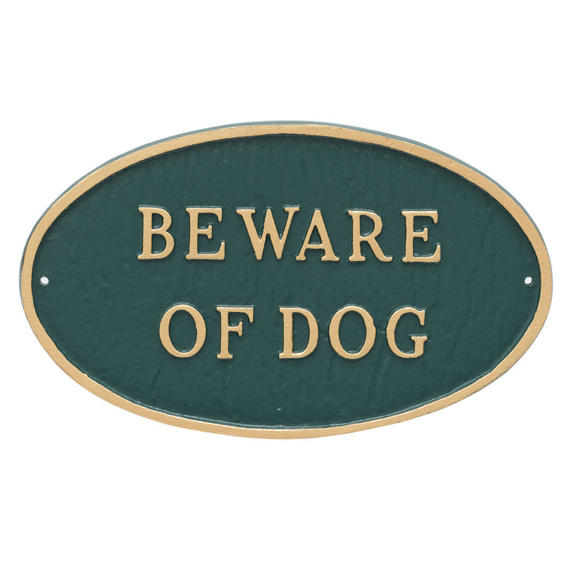 Grande plaque ovale «Beware of Dog», Vert forêt / doré