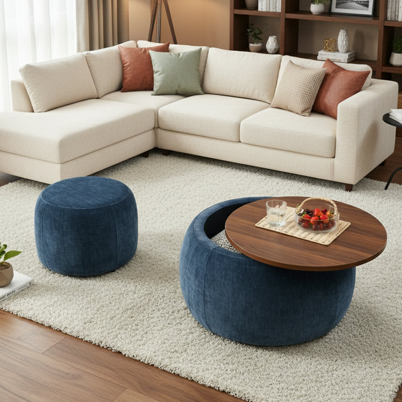 25" W Round Storage Ottoman with Removable Lid, Fully Assembled Footrest and Coffee Table, Dark Blue, Dark Blue