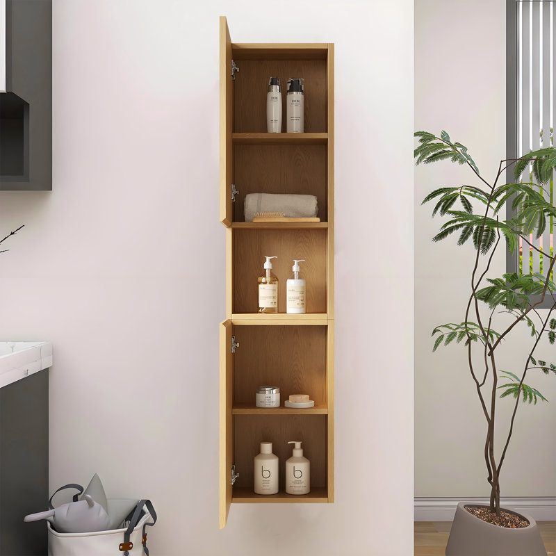 Modern 41" Wide X 59" High Wall-Mounted Oak Bathroom Vanity Mid-Century Floating Narrow Storage Cabinet 