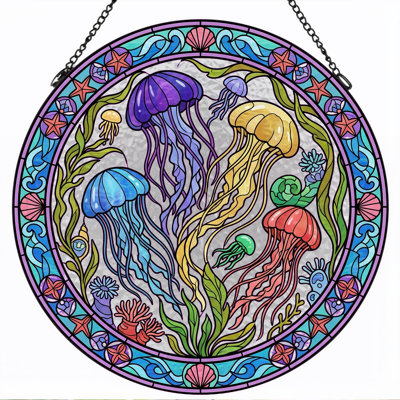 Jellyfish Ocean Stained Glass Window Panel，7.8H