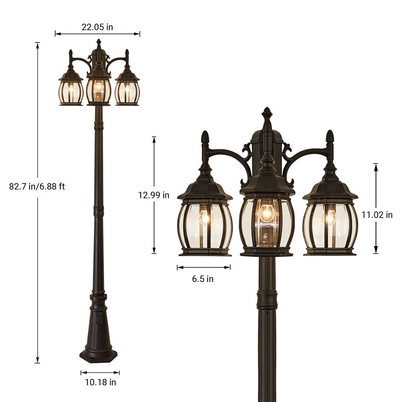 3-Head Outdoor Lamp Post(Full) with dusk to dawn and outlet