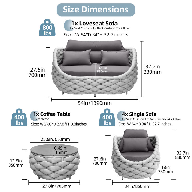  Fully Assembled Altuminum Frame 4 Person Polyester Rope Seating Group with Cushions Living Room Set, Gray