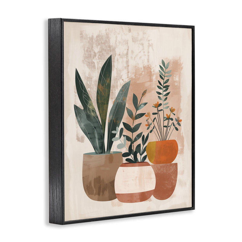 «Earthy Boho Pots Plants», estampe numérique, design par LSR Creative Studio, H 20 po x l 16 po, Giclée encadrée noir minuit