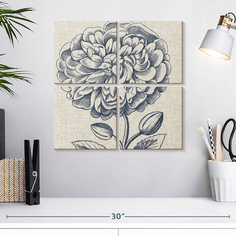 Harnek indigo floral sur lin III, H 18 po x l 18 po