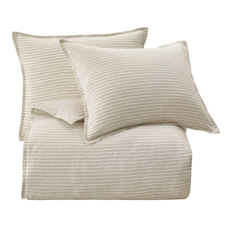 Cream Queen Linen Duvet Cover Set with Striped Design