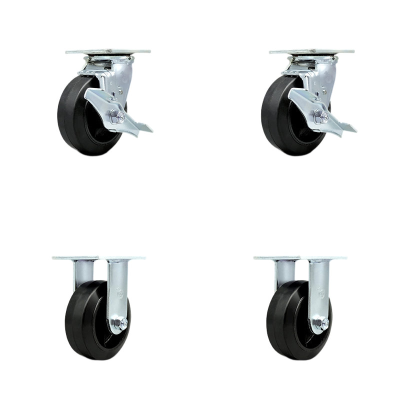 5 Inch Rubber on Steel Caster Set with Roller Bearings 2 Brakes 2 Rigid SCC|SCC-30CS520R-TLB-2-R520-2