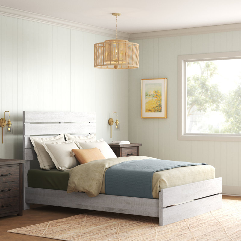 Modern Minimalist Design Bed, White Washed, Queen