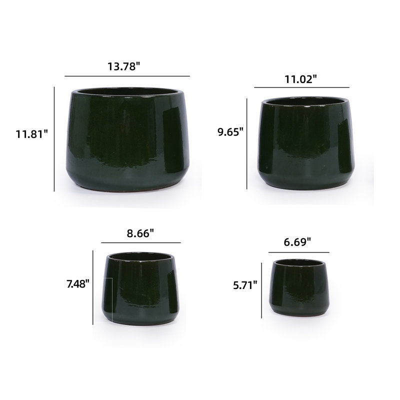 Indoor/Outdoor Modern Ceramic Pot Planter with Drainage Hole(Set of 4), Green