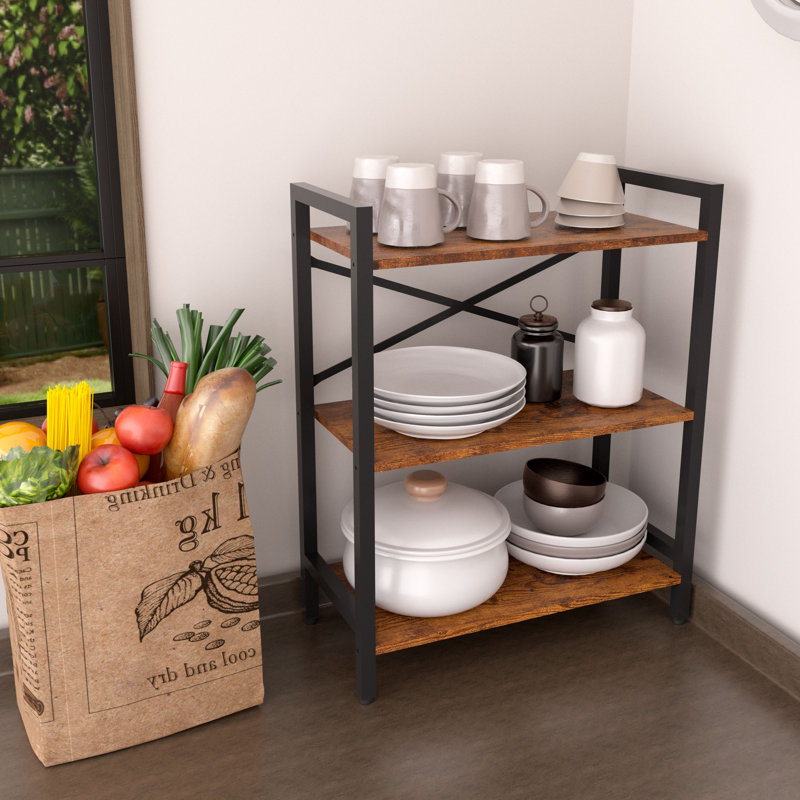 3-Tier Industrial Bookcase, Wood And Metal Horizontal Bookshelves For Home Living Room Bedroom And Kitchen, Rustic Brown