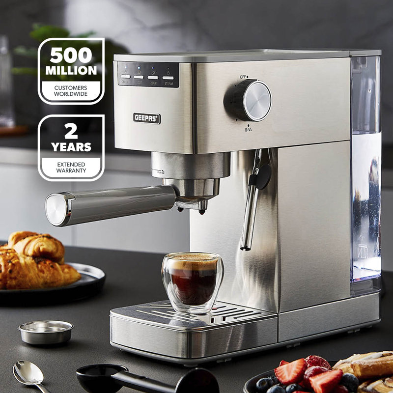 Geepas Espresso & Cappuccino Coffee Machine Milk Frother, 15 Bar Pressure- 1.4L Water Tank, 1450W - Silver