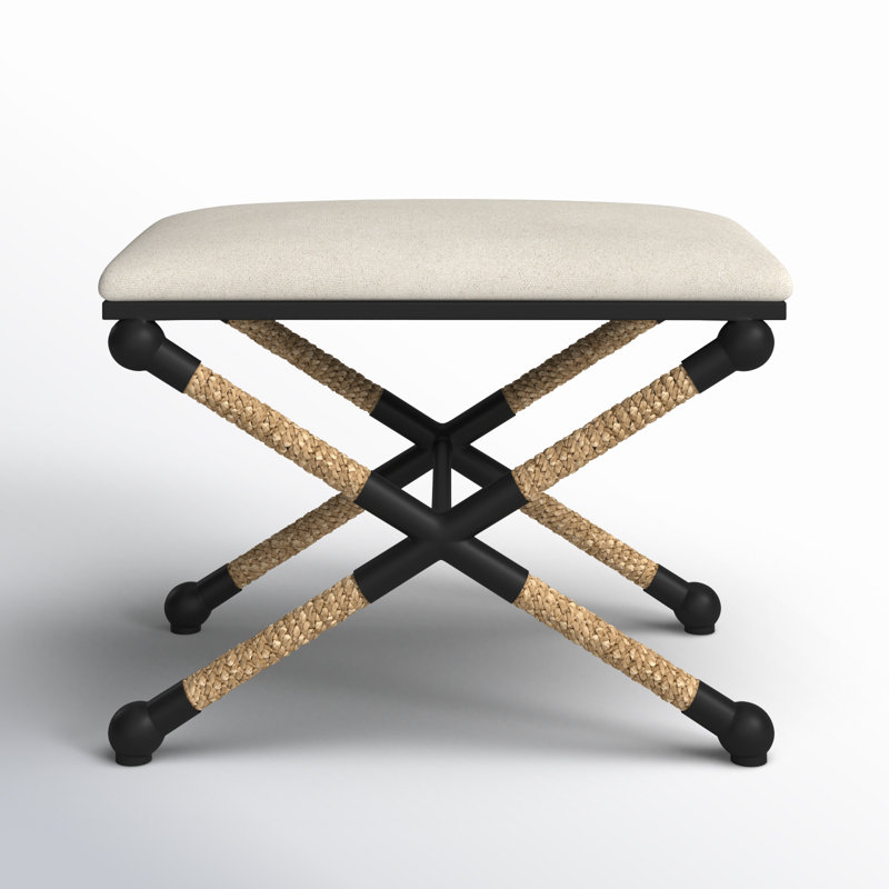 Oatmeal Cotton Upholstered Iron Frame Footstool with Braided Straw