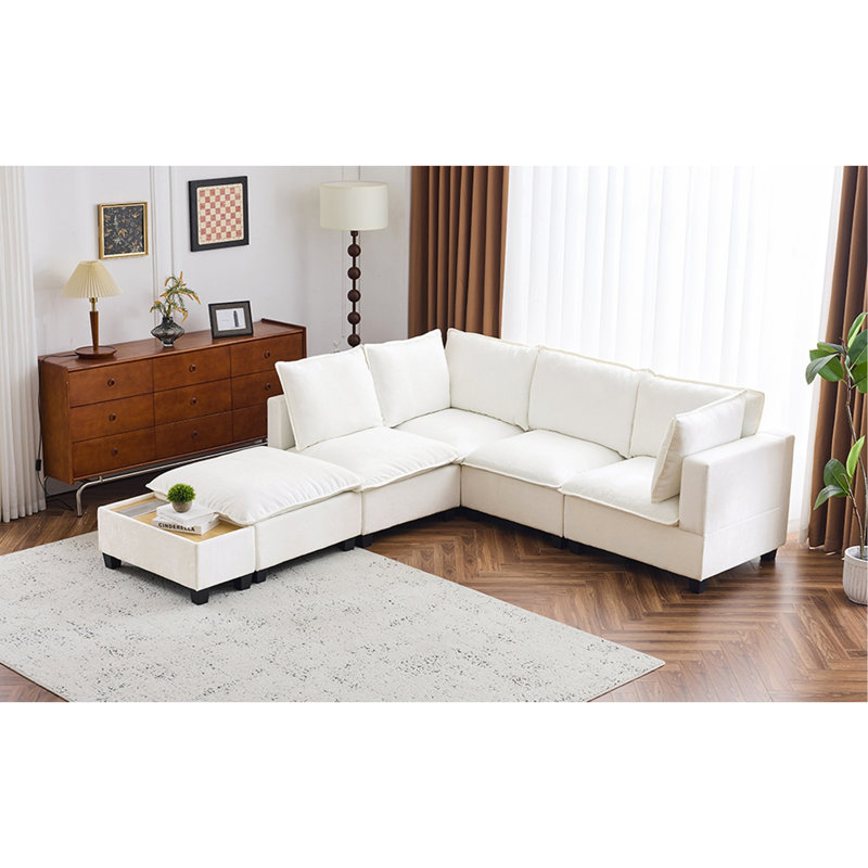 Fabian 90" Modular Sectional Sofa with Hidden Charging Ports & Ottoman, White Chenille