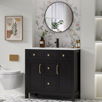36'' Single Bathroom Vanity With High Temperature Forged Ceramic Top And Water Saving Faucet
