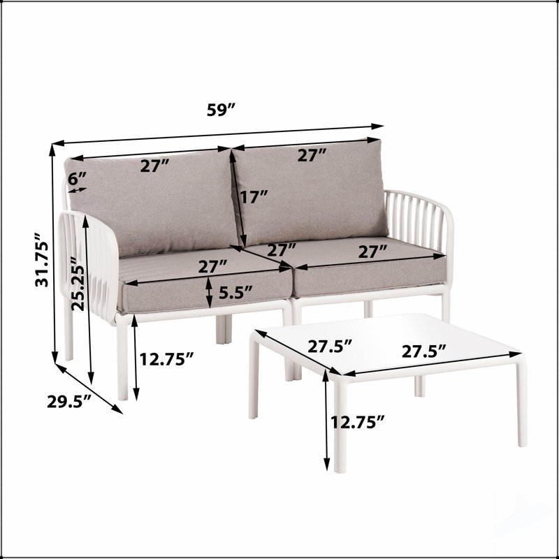 Ensemble de conversation pour patio 3 pièces, mobilier d'extérieur moderne avec table basse carrée et coussins épais et imperméables pour sièges profonds