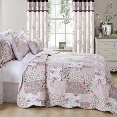 Printed Bedspread Set Dmask Pattern with Matching Pillow Shams, Soft Microfiber Coverlet, Lightweight & All-Season Bedding