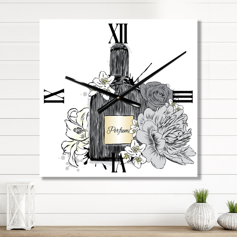 Horloge murale bouteille de parfum et bouquet de fleurs III, Moyen