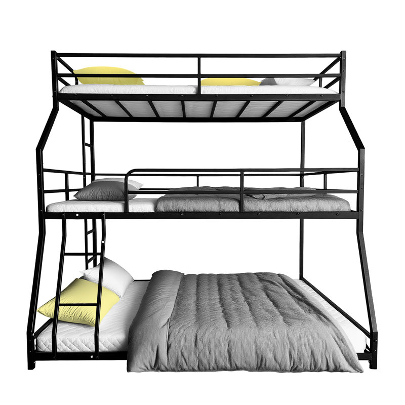 Lit triple en métal noir, garde-corps pleine longueur, solution peu encombrante, lit simple à monter avec des échelles intégrées, petites chambres idéales,