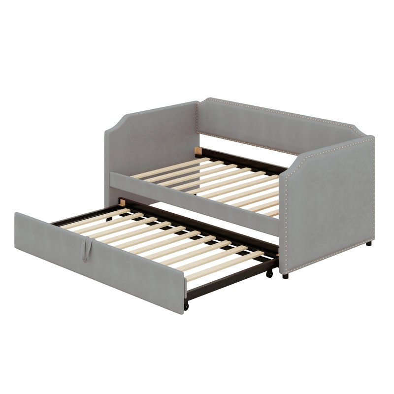Velvet Upholstered Daybed With Pop Up Trundle, Gray