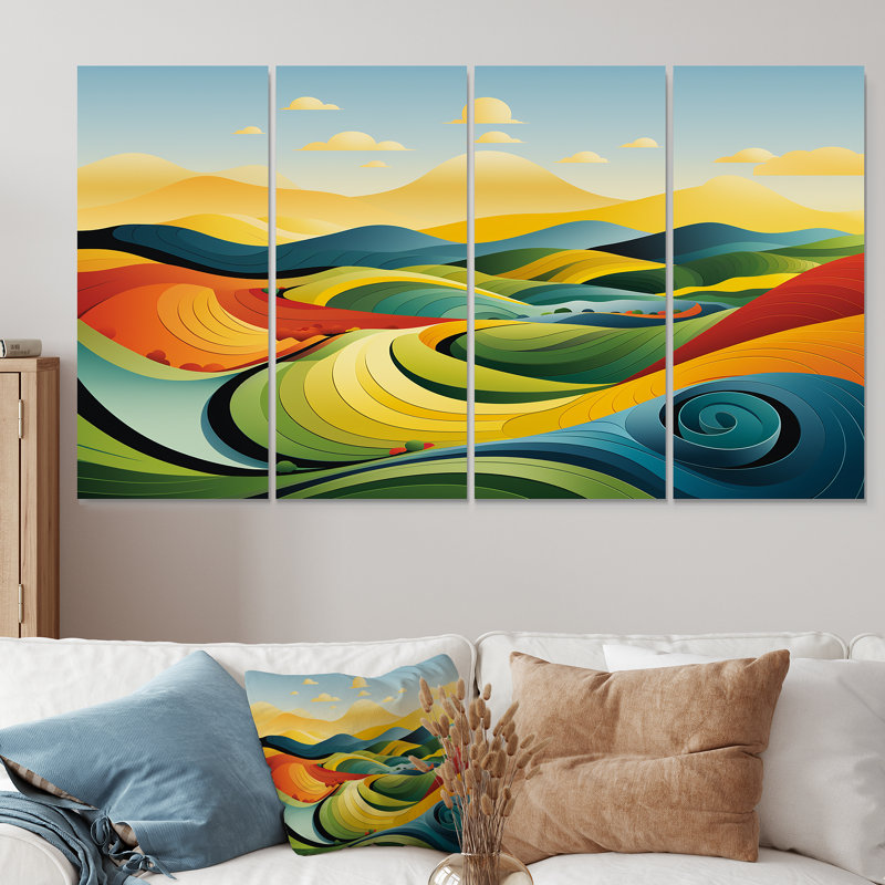«Minimalist Multicolor Line Art Landscape III - Meadow», art mural 4 pièces, H 32 po x l 64 po