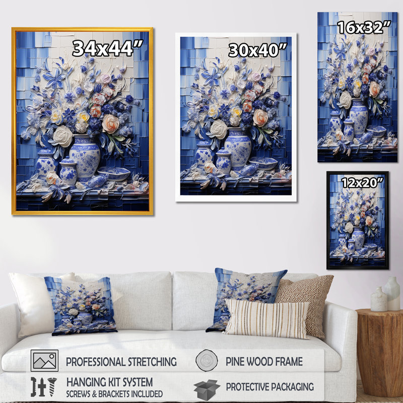 Art mural bleu et blanc Boho Flower Pottery III - Boho Pottery, Cadre photo noir simple, H 20 po x l 12 po x P 1 po