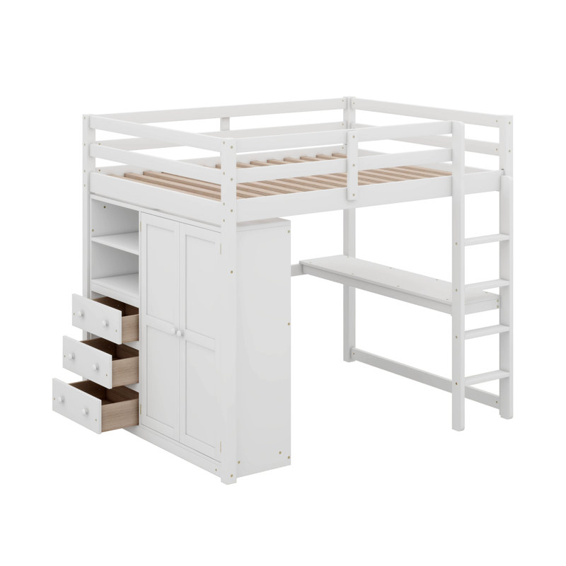 Lit mezzanine double en bois avec garde-robe intégré, Blanc