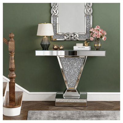 Console à miroir en diamant concassé avec incrustation de cristal en forme de V, canapé de vestibule en verre réfléchissant argenté pour vestibule de salon