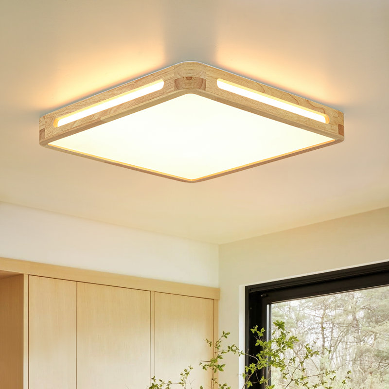 Scandinavian Dimmable Hollowed Design Square Wooden Led Flush Mount