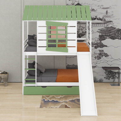 Twin Over Twin Size Bunk Bed With Convertible Slide And Trundle