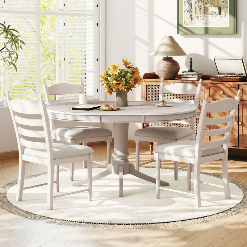 Ensemble de salle à manger extensible 5 pièces avec table à piédestal et chaises rembourrées, Blanc