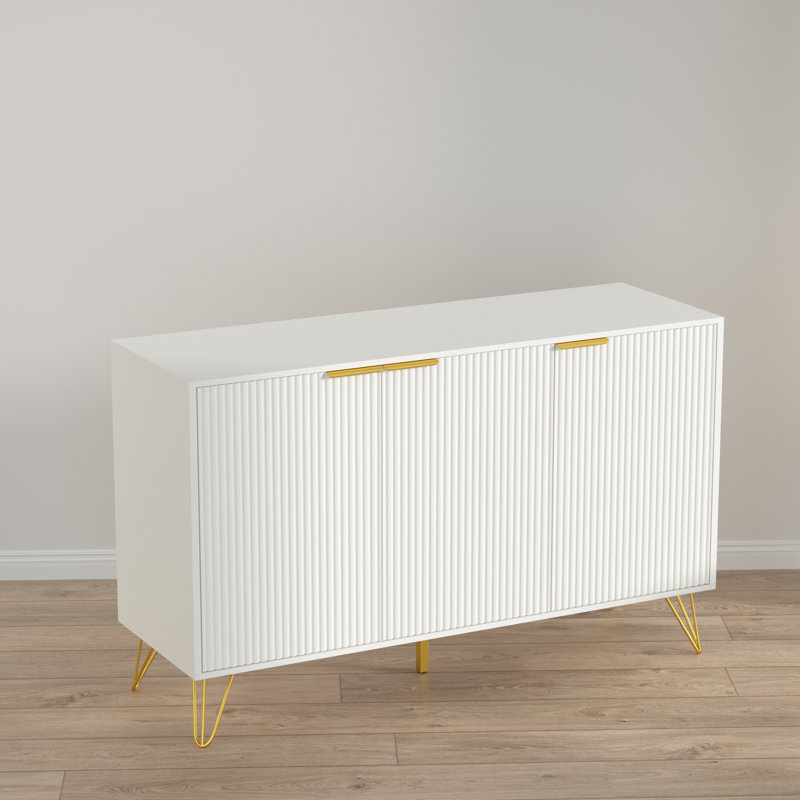 White Fluted 3-Door Accent Cabinet with Gold Metal Legs