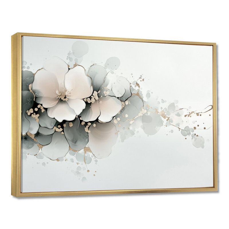 Encre de pivoines - art mural pivoine, H 34 po x l 44 po, Impression dans un cadre flottant sans passe-parto, Doré