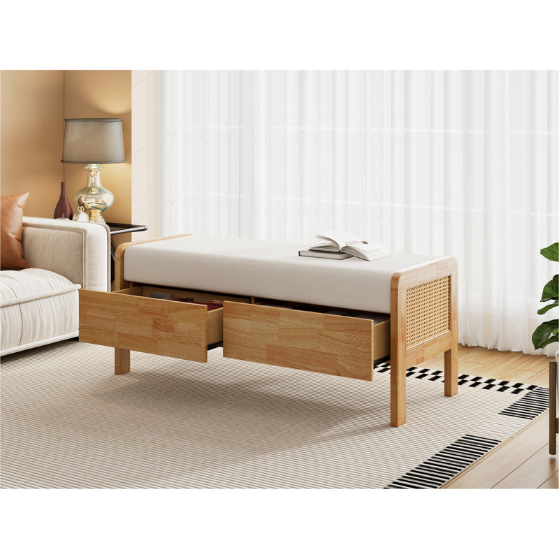 Repose-pieds rembourré avec rangement, pieds en bois, chêne et beige