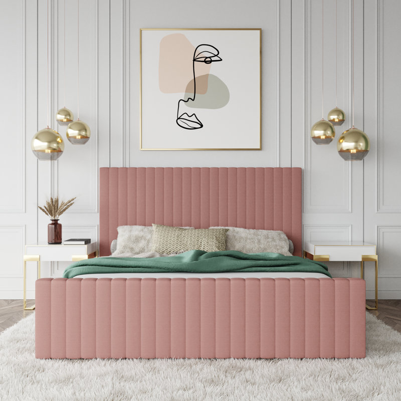 Lit plateforme tapissier à profil bas Zayden, Grand, Rose