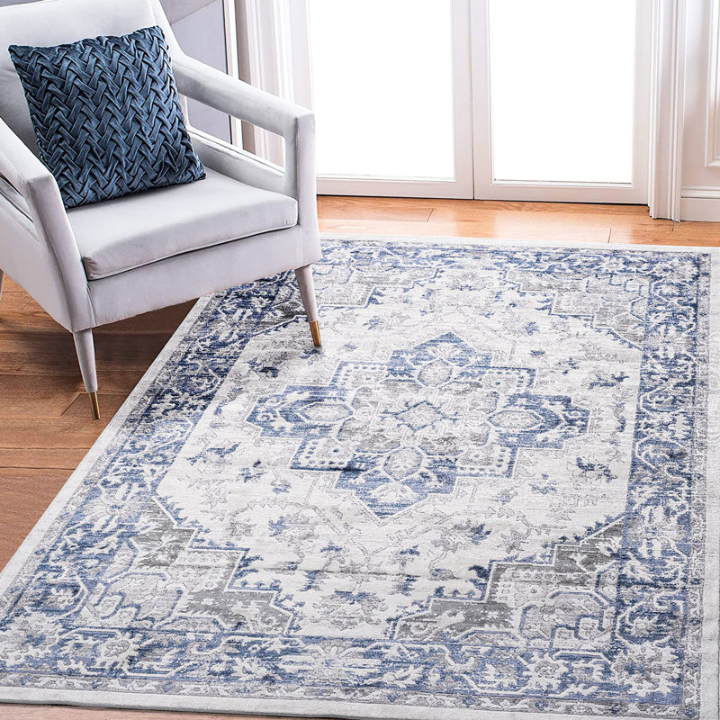 Tapis 5 x 7 bleu / gris / sans taches, idéal pour la chambre à coucher et le bureau personnel, Rectangle 5'3" x 7'6"