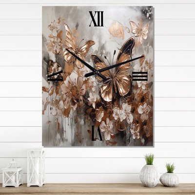 Horloge murale papillon avec ailes de papillon et fleurs I