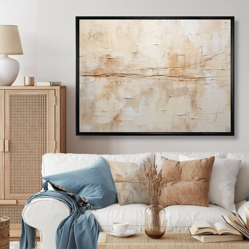 Beige et blanc, minimalisme intemporel - peinture abstraite, art mural, Cadre flottant noir, H 16 po x l 32 po x P 1 po
