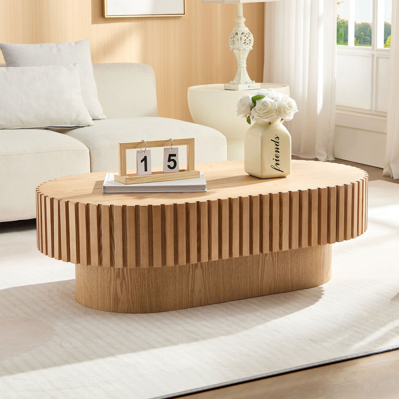  Table basse 43,70 pouces, table de cocktail cannelée ovale moderne avec base encastrée, bois, frêne naturel