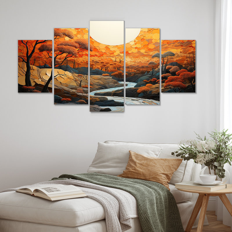 Orange Sunset Abstract Landscape Stream I - Abstract Landscape Multipanel Wall Art