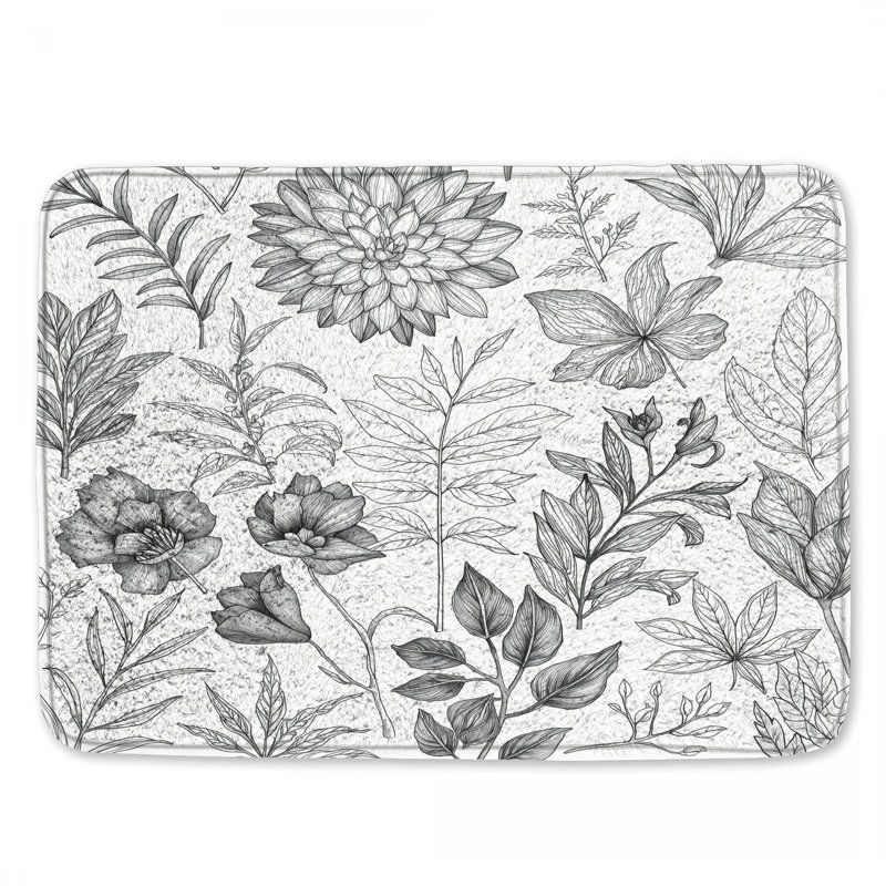 Tapis de bain noir et blanc à motif botanique, L 34 po x L 21 po