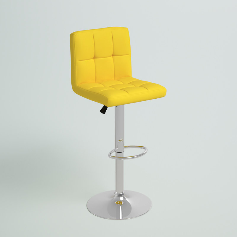 Ahlijah Contemporary Quilted Vinyl Adjustable Height Barstool with Chrome Base, Yellow