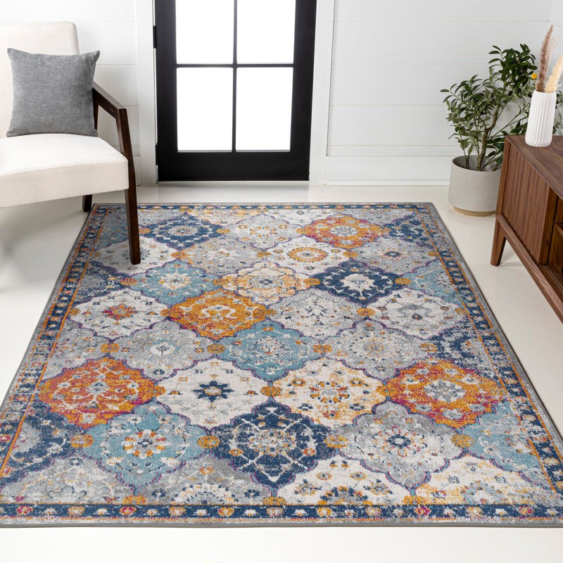 Kirman Bohemian Medallion Light Gray/Blue/Orange Rug, Rectangle 4' x 6'