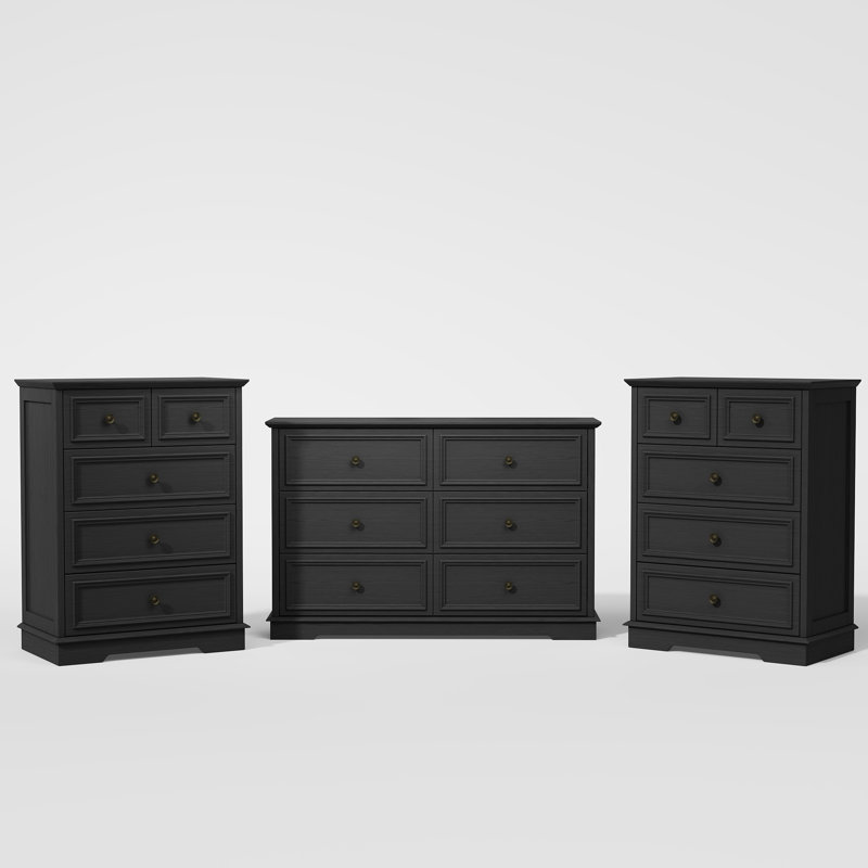Vintage 3-Piece Bedroom Set: Fluted 6-Drawer Double Dresser and Two 5-Drawer Tall Chests (Set of 3), Black