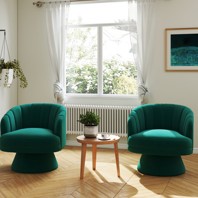 Murrow Velvet Swivel Barrel Chair(Set of 2), Dark Green