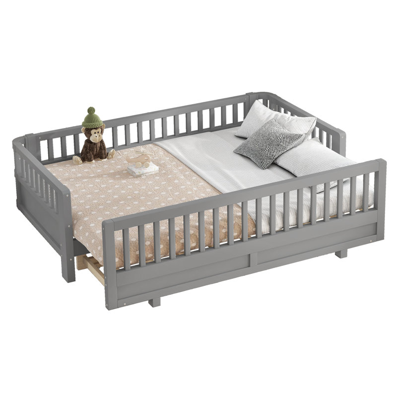 Lit plateforme simple TG avec garde-corps, peut être converti en un grand lit plateforme, cadre de lit en bois massif avec support à lattes de bois, aucun sommier nécessaire, assemblage facile, gris