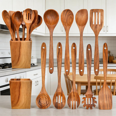 13-Inch Professional Wooden Kitchen Utensil Set With Holder, 9-Piece Natural Teak Wood Cooking Spoons And Spatulas With Camphor Laurel Wood Organizer